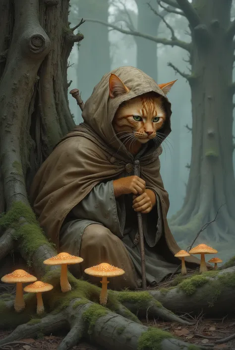 An old red-haired hermit forest cat in a hooded cloak and with a long sparkling staff in his paw, with a wise, calm look, sits at the foot of an old oak tree covered with runes and moss. Neon morning mist swirls around it, and bizarre bioluminescent lace m...