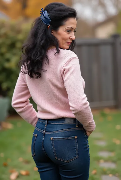 hyperrealistic full-body true rear portrait of mature European woman with unmistakable mom presence captured directly from behind with perfect vertical alignment, long dark wavy hair with natural texture variation gathered and secured with dark blue plasti...