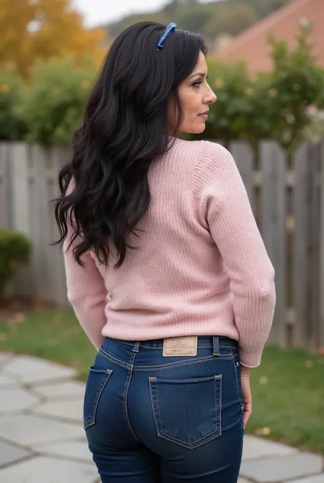 hyperrealistic full-body true rear portrait of mature European woman with unmistakable mom presence captured directly from behind with perfect vertical alignment, long dark wavy hair with natural texture variation gathered and secured with dark blue plasti...