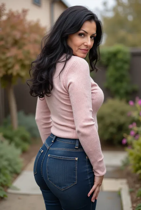 hyperrealistic full-body true rear portrait of mature European woman with unmistakable mom presence captured directly from behind with perfect vertical alignment, long dark wavy hair with natural texture variation gathered and secured with dark blue plasti...