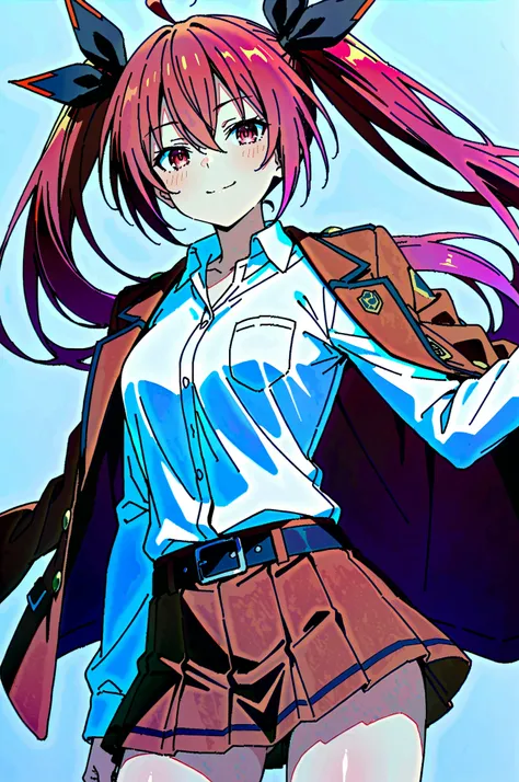 1girl,absurdres,ahoge,belt,belt_buckle,black_belt,black_bow,blush,bow,breast_pocket,buckle,closed_mouth,collared_shirt,cowboy_shot,date_a_live,dress_shirt,floating_hair,grey_background,hair_between_eyes,hair_bow,highres,itsuka_kotori,jacket,jacket_on_shoul...