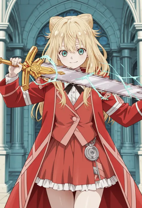 (((SFW、Highest quality、First Class Masterpiece、normal body 、32k、detailed face、super precise、normal hand、Highest)))、Yuri Kawazu/Kawazu Yuri、『Momentary Lily』、Beautiful girl、Blonde、long hair、Blue-green eyes 、Slim、Slender、tea uniform、red gown jacket、mini skirt...