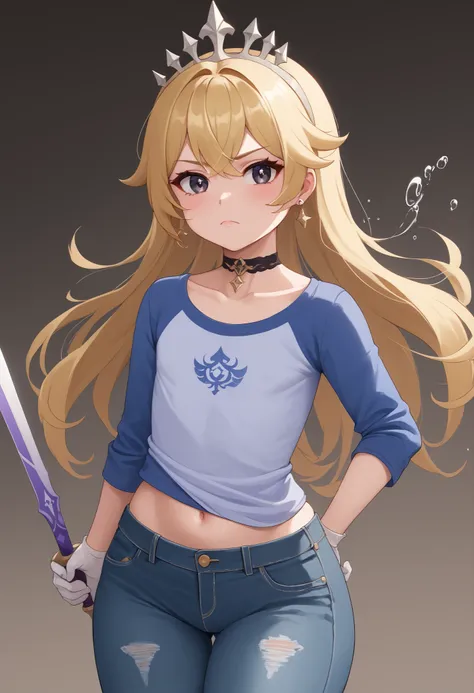 flat breasts. flat chest, skinny, huge hips, looking at viewer, 1o1a, blonde hair, tiara, Black eyes, earrings, necklace, choker. | masterpiece, best quality, splash_art, 1girl, (genshin impact\):1.2), weapon, hydro_element, solo, bubble, holding, holdin...