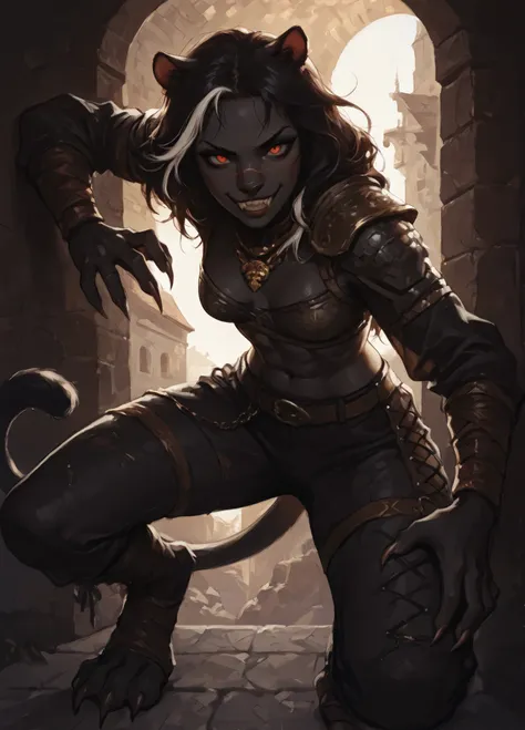 She looks like Elena from Street Fighter and has a horizontal scar across her nose. She looks like a monster, a Panther-girl and has a horizontal scar across her nose. She has black skin and black fur. Monster girl with white and dark hair, deep red-colour...