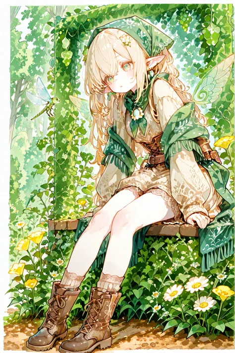 (ima_AI123,) Tooth faèrie princess. She has tall, thin miniature physique. She has holographic dragonfly wings. She has pale ivory skin and long pointy elf ears. Her eyes are sky-blue. She has long loose golden-blonde ringlet hairstyle decorated with wildf...