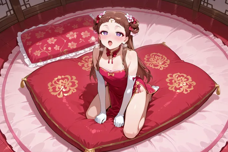 Kusuriya_Lishu, long hair, brown hair, hair ornament, purple eyes, hair bun, double bun, short bangs, makeup, hair ribbon, hair rings, lipstick, blush, bow, bowtie, pink bowtie, breasts,heart-shaped pupils, collarbone, detached collar, hair bow, red bow,he...