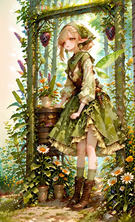 (chibi) Tooth faèrie princess. She has tall, thin miniature physique. She has holographic dragonfly wings. She has pale ivory skin and long pointy elf ears. Her eyes are sky-blue. She has long loose golden-blonde ringlet hairstyle decorated with wildflower...