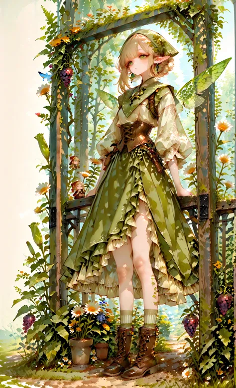 (chibi) Tooth faèrie princess. She has tall, thin miniature physique. She has holographic dragonfly wings. She has pale ivory skin and long pointy elf ears. Her eyes are sky-blue. She has long loose golden-blonde ringlet hairstyle decorated with wildflower...