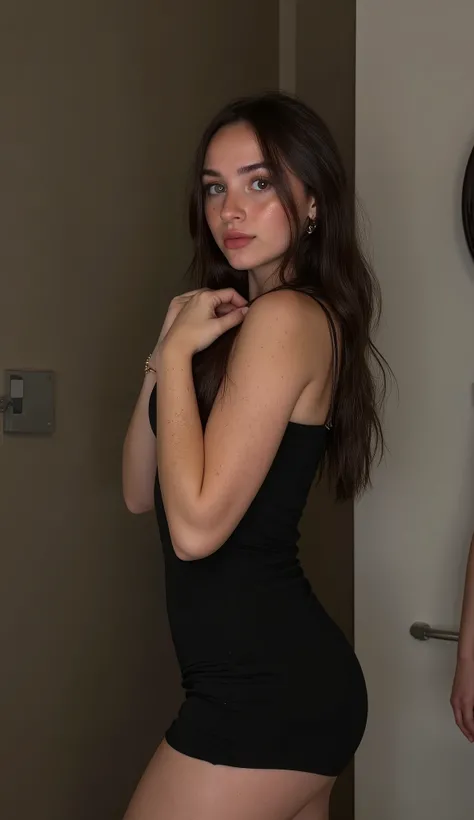 Ultra-realistic extremely high definition 8K RAW analog epic portrait photograph, young brunette Polish girl, brown eyes, amateur photo, looking on camera, dynamic pose, 1, foto perfil, 2, she’s in sexy mini tight dress, ((she’s have slim waist and large 7...