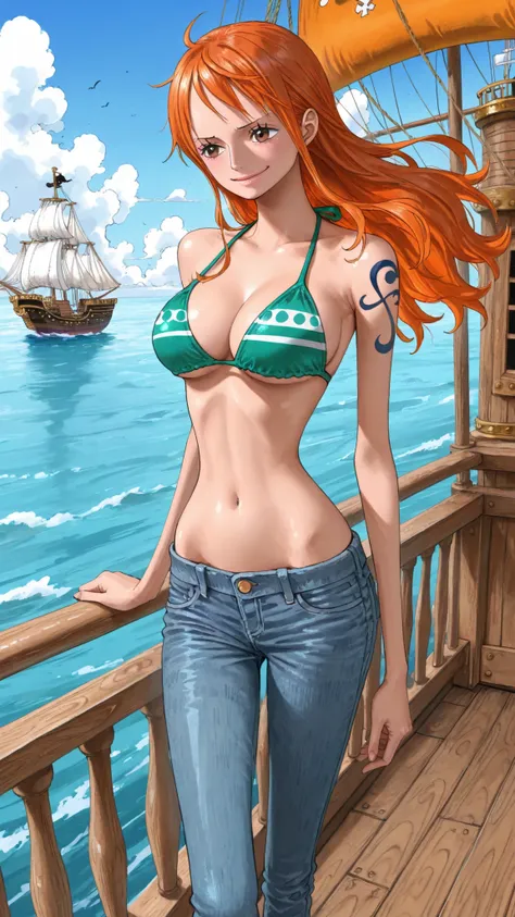 (masterpiece,best quality:1.2,amazing quality,very aesthetic, absurdres, newest), (full coloring), official style,(nami ,one piece),1girl,solo,(skinny:1.2), medium breasts,long hair,shy smile,green bikini,denim pants, low-rise pants ,standing,deck of Pirat...