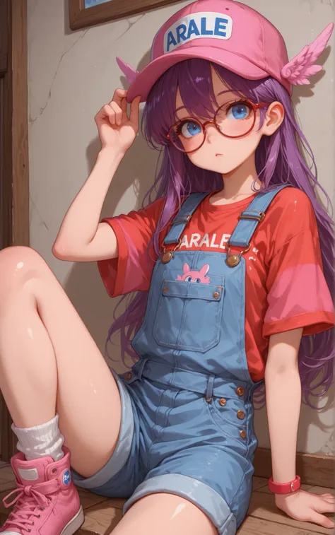 (masterpiece, detailed:1.2),arale,glasses, long hair, purple hair, pink winged baseball cap, blue eyes,overalls,red shirt, short sleeves,pink shoes,solo,白背景