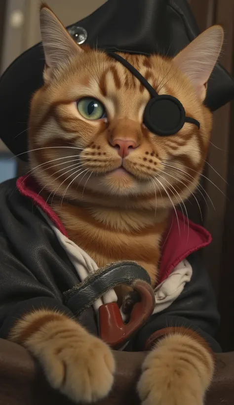 Close-up of a striped cat in a pirate suit, in his pirate galleon, with eye patch and pirate hook. smiling.