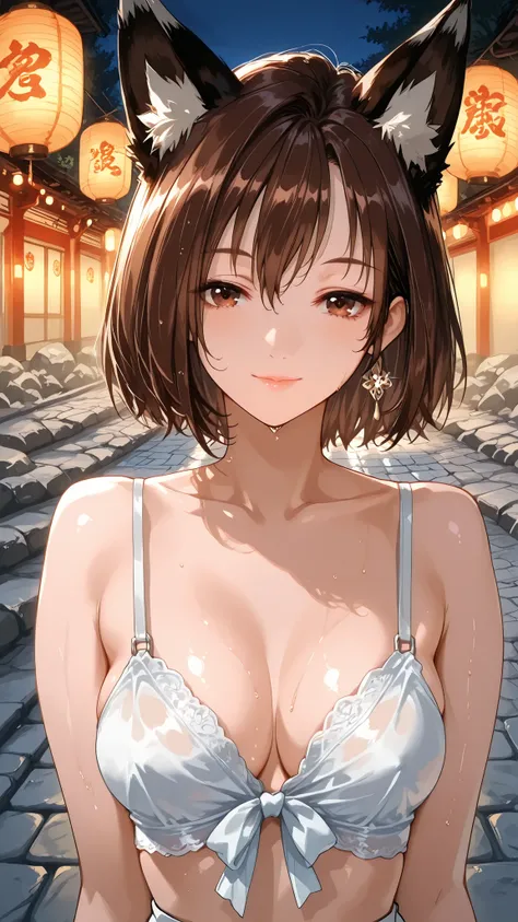 solo, Mizuho, brown hair, short hair, brown eyes, medium breast, mature woman, Tight waist、Small waist、shiny Skin , (upper body), sexy, score_9, score_8_up, score_7_up, source_anime,(extremely detailed CG), (best quality)  sexy, light smile, nine tailed fo...