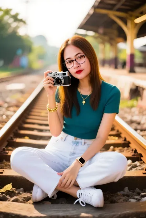 Create a stylish image of a girl with the same face and body. 1000% black spaghetti strap blouse fits, sweet soft makeup with pink lips, black glasses on the head, long golden brown straight hair, long to the bottom with light gold highlights, white jeans,...