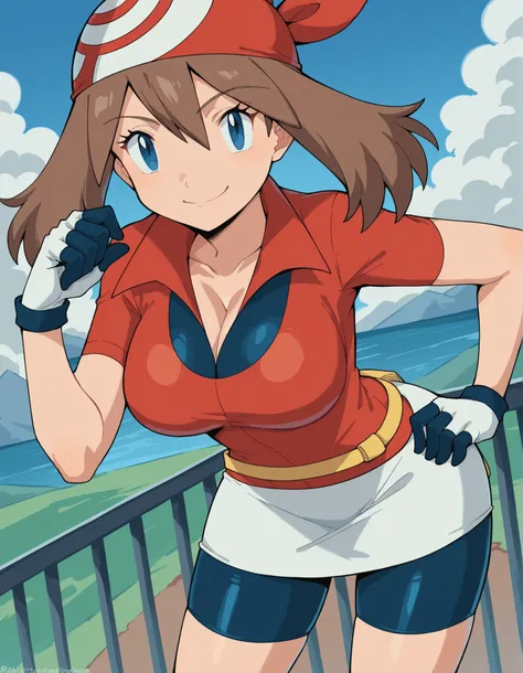 score_9, score_8_up, score_7_up, source_anime, pokemon may, blue eyes, brown hair, bandana, long hair, red bandana, twintails, hair between eyes, skin tight clothes, big breasts, cleavage, bike shorts, collared shirt, gloves, microskirt, multicolored shir...