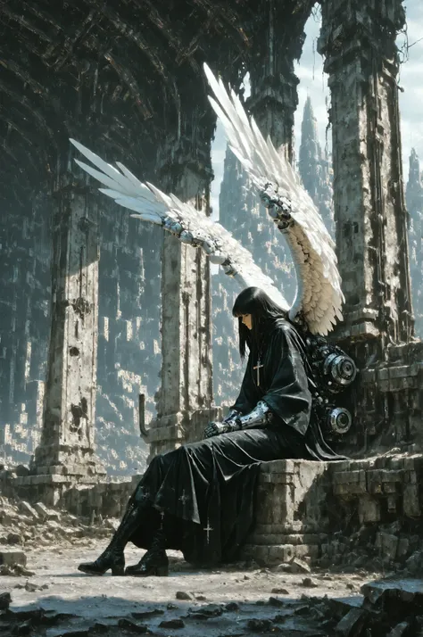 １Girl angel（top quality masterpiece best detailed depiction）Angel rings are mechanical and inorganic、Angel wearing a Christian robe sitting cross-legged on the ruins of a futuristic super-large building、from obliquely below、（top quality glossy fabric reali...