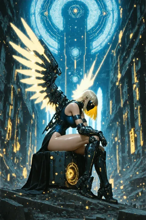 １Girl angel（top quality masterpiece best detailed depiction）Angel Circle incorporates a heart pattern、angel wearing a Christian robe sitting cross-legged on the ruins of a futuristic superlarge building、from obliquely below、（Top Quality Shiny Fabric Realis...