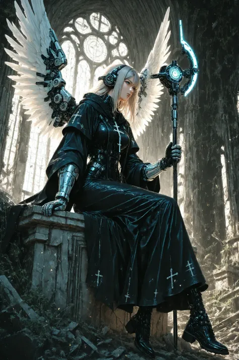 １Girl angel（top quality masterpiece best detailed depiction）Angel Circle is a mechanical、angel wearing a Christian robe sitting cross-legged on the ruins of a futuristic superlarge building、from obliquely below、（top quality glossy fabric realistic sutures々...