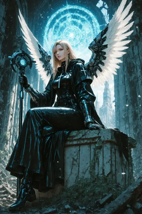 １Girl angel（top quality masterpiece best detailed depiction）Angel Circle is a mechanical、Angel wearing a Christian robe sitting cross-legged on the ruins of a futuristic super-large building、from obliquely below、（top quality glossy fabric realistic sutures...
