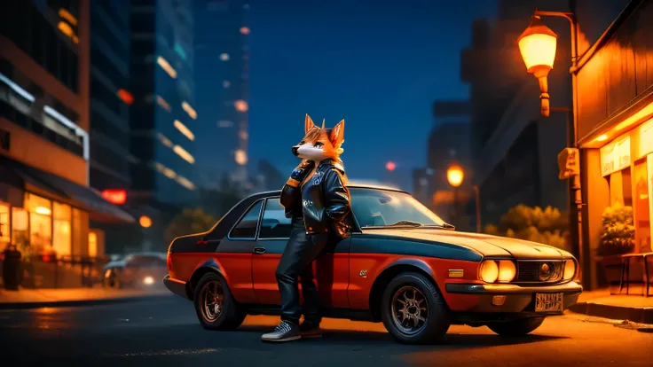 A dog in a leather jacket、 car、Night City