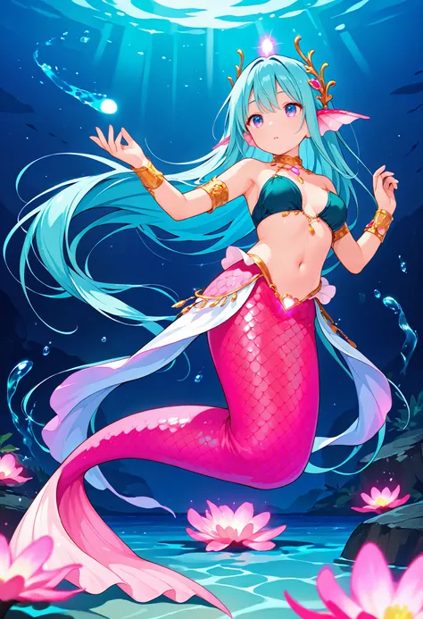 mermaid dancer, graceful underwater ballet, shimmering scales, flowing mermaid tail, elegant pose, enchanting aquatic performance, ethereal underwater scene, glowing bioluminescent lights, serene ocean ambiance, 4k, ultra-detailed, photorealistic, cinemati...