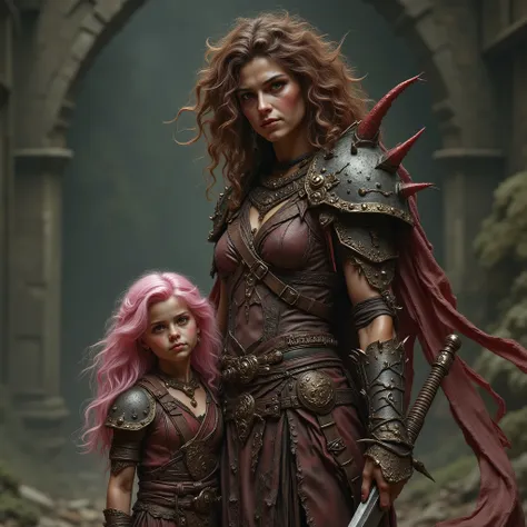 a half-dragon woman with curly brown hair and a barbaric appearance with her daughter at her side holding one of her hands, in the right hand of the half-dragon mother she holds a powerful sword, full-body photograph, half-dragon mother and daughter, the l...