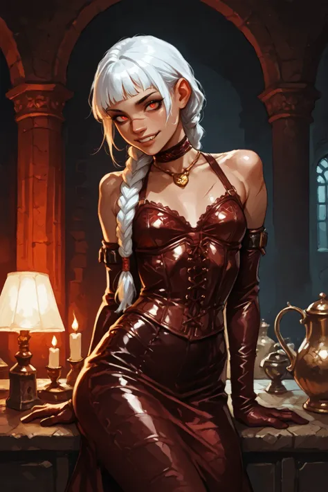 She looks like Elena from Street Fighter and has a horizontal scar across her nose, and white skin. Inca girl with white and dark dreadlocks and ponytail, deep red-coloured eyes, slanted Asian eyes, sharp canine teeth, black eyeliner, athletic body and sof...