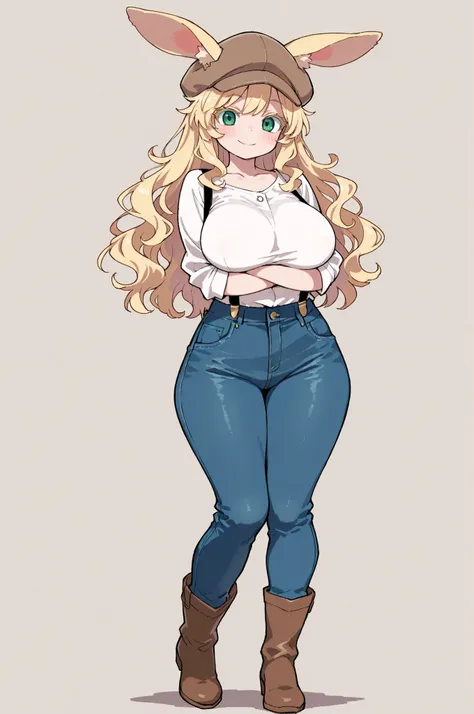 (masterpiece, detailed:1.2),1girl, animal ears, arms under breasts, blonde hair, blush, breasts, boots, brown boots, brown hat, closed mouth, collarbone, colored eyelashes, curvy, denim, ears through headwear, green eyes, full body, hat, jeans, large breas...
