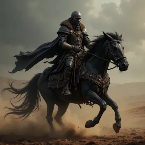 ((FULL BODY)), a black man riding a running horse, 4k , Unreal engine , intricate , highly detailed , beautiful lighting , advanced quality , 8k , trending artstation , professional , dramatic , illustration , high quality , beautiful character , Premium p...