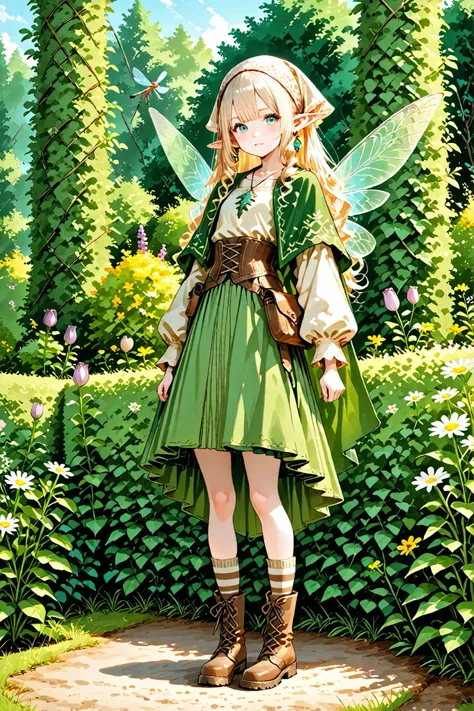 Tooth faèrie princess. She has tall, thin miniature physique. She has holographic dragonfly wings. She has pale ivory skin and long pointy elf ears. Her eyes are sky-blue. She has long loose golden-blonde ringlet hairstyle decorated with wildflowers. She i...
