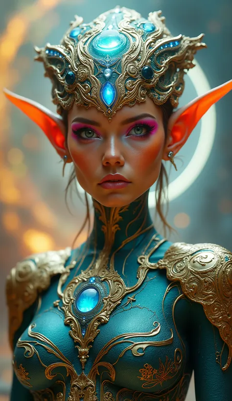 "Ultra-realistic depiction of a majestic extraterrestrial queen with elongated elven ears, radiant orange skin, and glowing eyeshadow in vibrant pink and purple tones. She wears an ornate bio-mechanical armor of turquoise and metallic gold, intricately det...