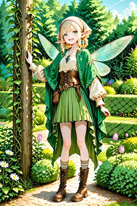 Tooth faèrie princess. She has tall, thin miniature physique. She has holographic dragonfly wings. She has pale ivory skin and long pointy elf ears. Her eyes are sky-blue. She has long loose golden-blonde ringlet hairstyle decorated with wildflowers. She i...