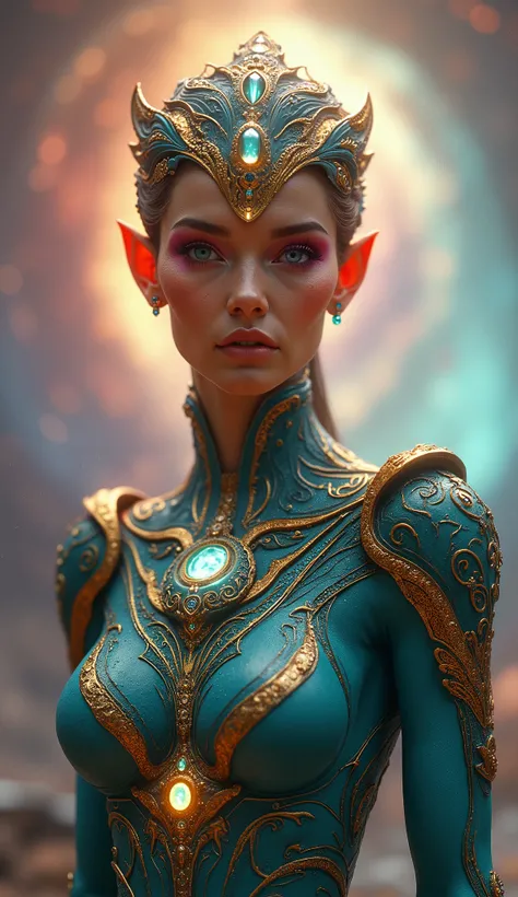 "Ultra-realistic cinematic portrait of an extraterrestrial queen, shown from the waist up with a powerful and commanding pose. She has radiant orange skin, elongated elven ears, and shimmering pink and violet eyeshadow that glows under the light. Her body ...