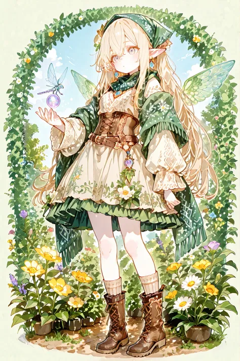 (ima_AI123,) Tooth faèrie princess. She has tall, thin miniature physique. She has holographic dragonfly wings. She has pale ivory skin and long pointy elf ears. Her eyes are sky-blue. She has long loose golden-blonde ringlet hairstyle decorated with wildf...