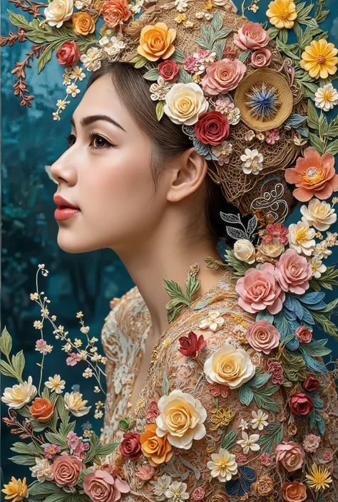 a close up of a paper art of a woman wearing a hat, paper quilling, paper art, layered paper art, paper modeling art, colorful art, rivuletpaper art, made of paper, colourful artwork, beautiful and colorful, paper cut art, paper craft, beautiful artwork, b...