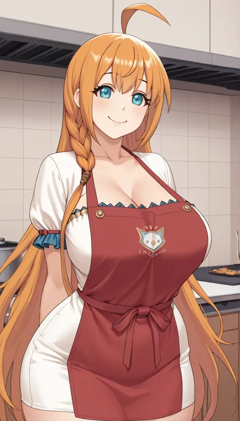 1girl, Solo, HD, Accurate, pcrpeco, Pecorine, long hair, orange hair, blue eyes, ahoge, braid, large breasts, pcrpeco, ahoge, braid, large breasts,mature, wide hips, white dress, smiling, red apron,cleavage, kitchen background, look at viewer, vivid colors...