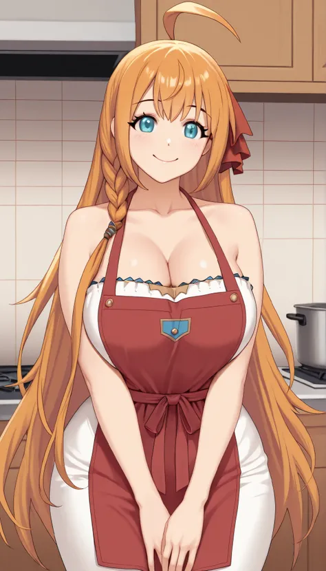 1girl, Solo, HD, Accurate, pcrpeco, Pecorine, long hair, orange hair, blue eyes, ahoge, braid, large breasts, pcrpeco, ahoge, braid, large breasts,mature, wide hips, white dress, smiling, red apron,cleavage, kitchen background, look at viewer, vivid colors...