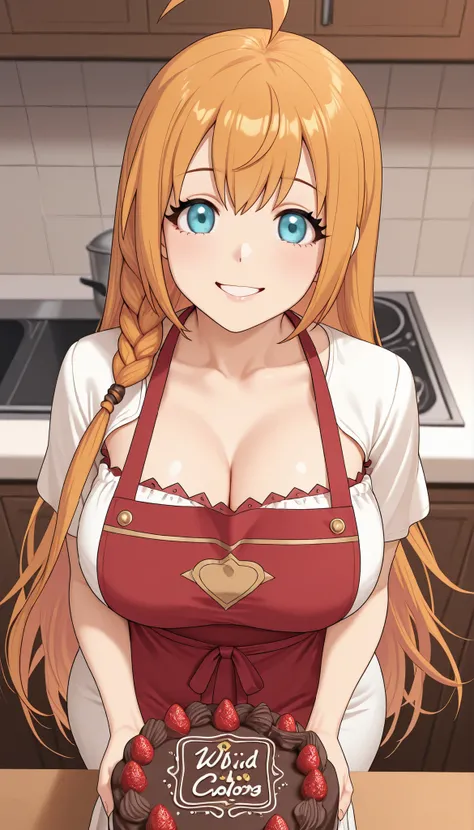 1girl, Solo, HD, Accurate, pcrpeco, Pecorine, long hair, orange hair, blue eyes, ahoge, braid, large breasts, pcrpeco, ahoge, braid, large breasts,mature, wide hips, white dress, smiling, red apron,cleavage, kitchen background, look at viewer, vivid colors...