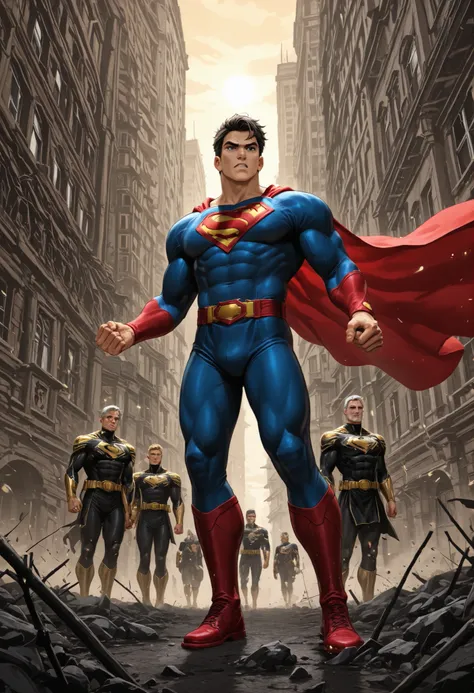 Superman wearing black and gold uniform, 55-year-old man superhero,rosto detalhado,determined expression,corpo musculoso,postura heroica,voando no ar,urban scenery,skyscrapers in the background,luz solar brilhante,epic atmosphere,arte conceitual,digital il...