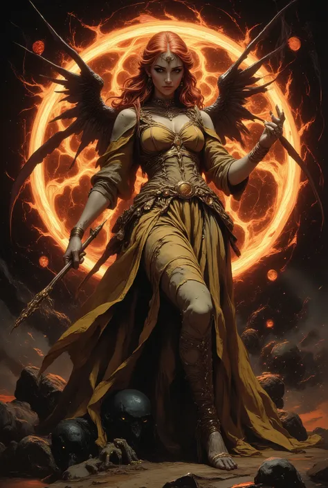 Surreal, otherworldly illustration against a dark elven sunset in the style of Karol Bak. A unique masterpiece. Gil Elvgren's angelic fantasy style, fantasy angelic image ((mid-ground)), red orange fire hair, large natural breasts, full body, graceful, pie...