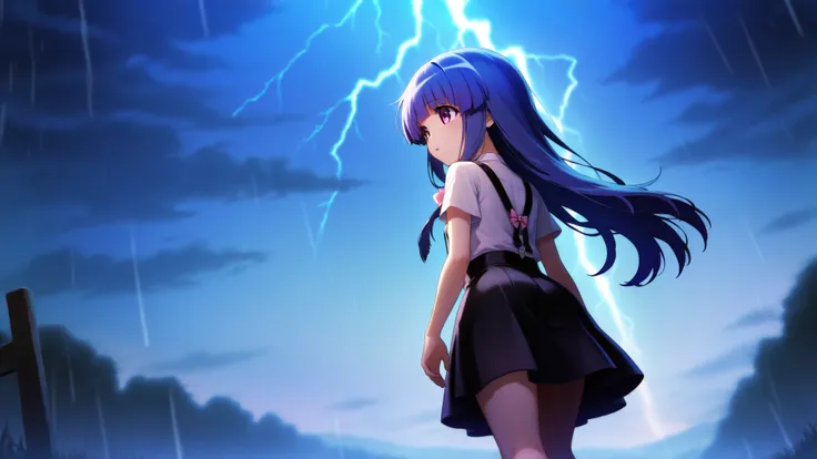 furude rika, Blue Hair, Purple eyes, white shirt, pink bow, suspenders, black skirt, 1girl, detailed, masterpiece, nightfall, outside, solo, leaving, walking, thunder, rain, rear view,