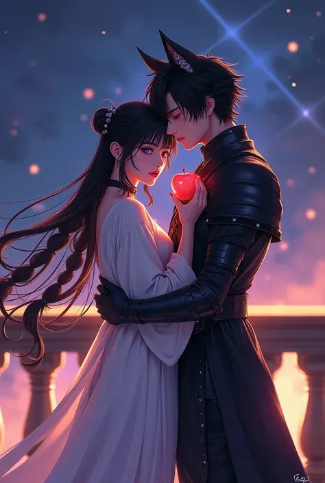 ((RAW photos)，Absurd，(Absurd分辨率))，masterpiece，最佳质Final Fantasy style fantasy illustration, dreamy watercolor lighting, cinematic composition.  

Scene: Night balcony with starlight and magical golden-purple glow in the air.  
Two characters in an intimate ...