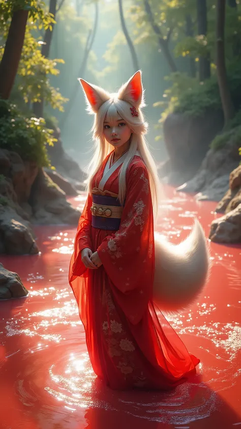 high-definition images、Amazon jungle river with red water hot springs、Fox Girl、Standing in a kimono、全身high-definition images、