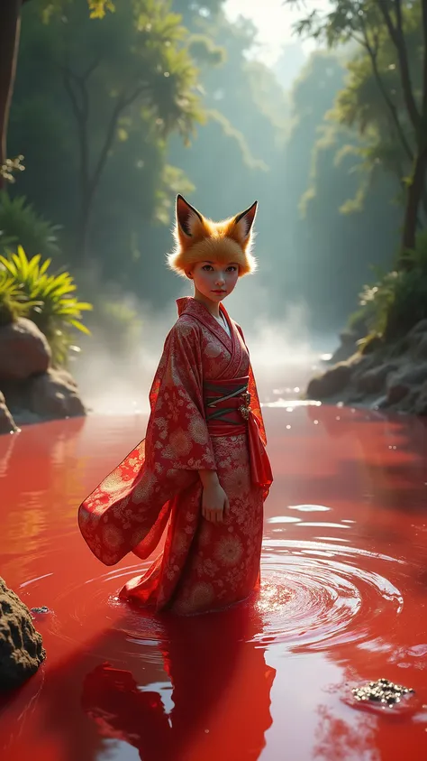 high-definition images、Amazon jungle river with red water hot springs、Fox Girl、Standing in a kimono、全身high-definition images、