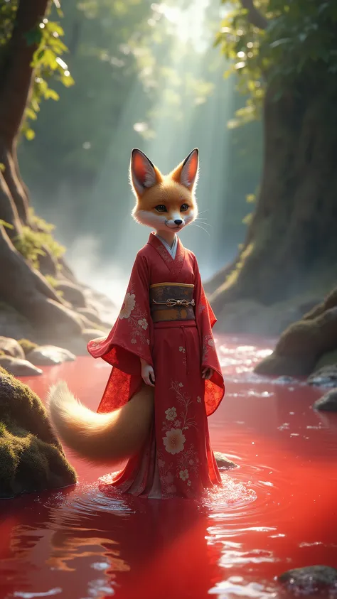 high-definition images、Amazon jungle river with red water hot springs、Fox Girl、Standing in a kimono、全身high-definition images、