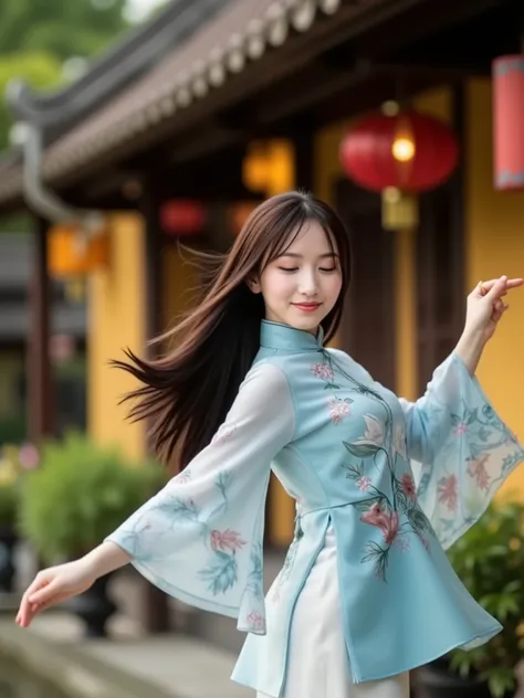 A breathtaking, hyperrealistic 8K photograph of a graceful young woman (early 20s) with long, flowing dark hair, a serene smile, and wearing a stunning, flowing jade blue traditional Vietnamese tunic (Áo dài). The Áo dài is made of delicate, shimmering chi...