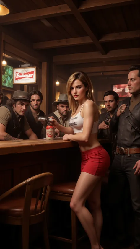 high-definition images、I traveled back in time to a bar in the Wild West、（Budweiser Girl、red letters on white セクシーなミニスカート）Pouring alcohol to rough gunmen