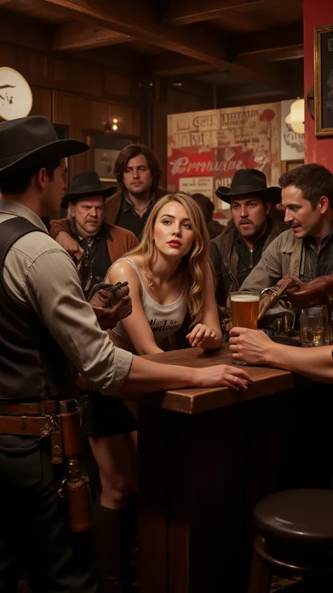 high-definition images、I traveled back in time to a bar in the Wild West、（Budweiser Girl、red letters on white セクシーなミニスカート）Pouring alcohol to rough gunmen