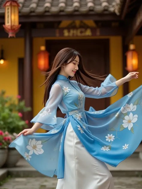 A breathtaking, hyperrealistic 8K photograph of a graceful young woman (early 20s) with long, flowing dark hair, a serene smile, and wearing a stunning, flowing jade blue traditional Vietnamese tunic (Áo dài). The Áo dài is made of delicate, shimmering chi...