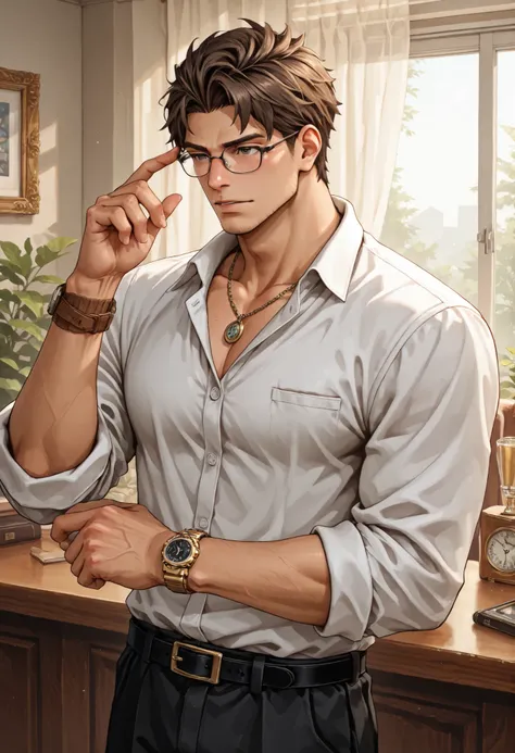 pwobjection,manbrut,glasses, accessories, watch, necklace,, Homem bonito e atraente de 38 anos, com barba preta e pele branca/ parda ,  olhos castanhos e cabelo castanho curto estiloso, terno preto, usando óculos de grau, foto de frente com fundo cenário b...